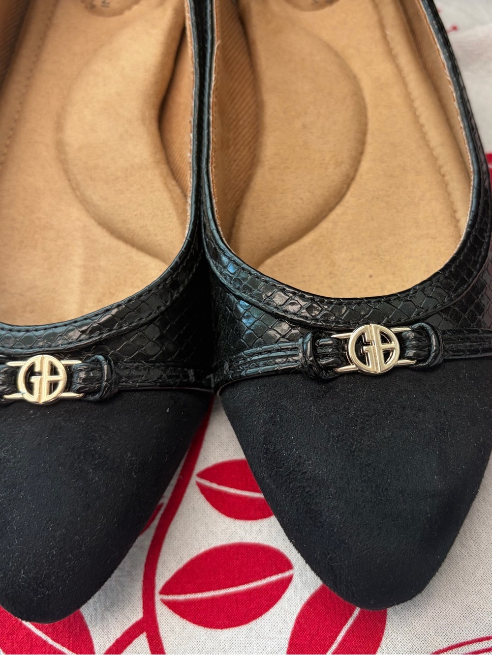 Gianni Bernini Black Pointed Toe Flats with Gold Accent